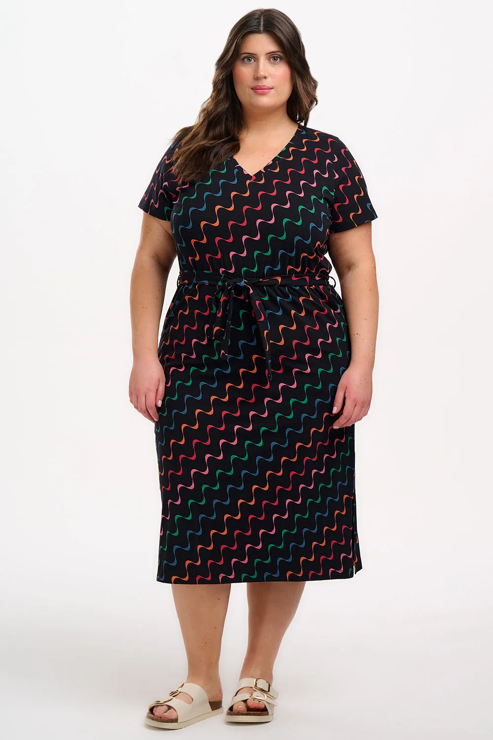 Mara V-Neck Jersey Midi Dress - Black/Multi. Undulating Waves