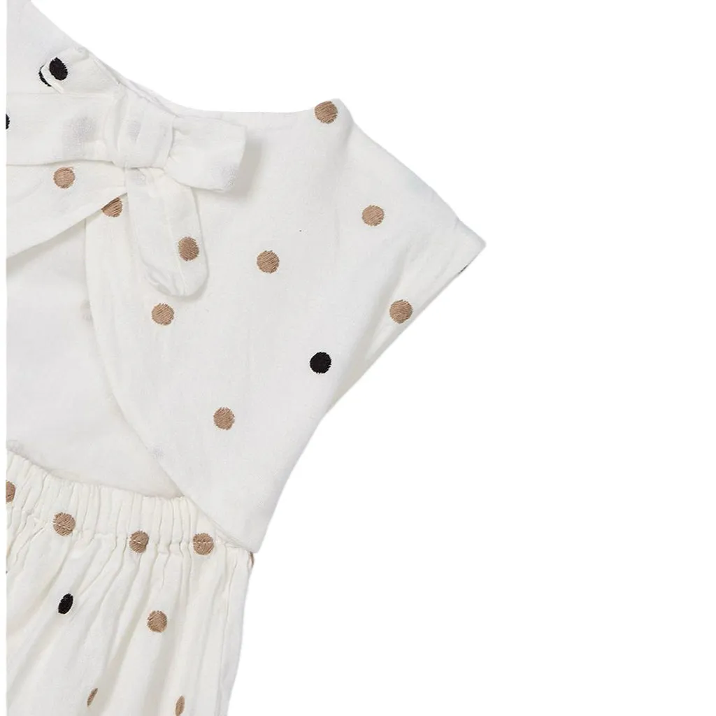 Natural Cinnamon Embroidered Polka Dot Dress