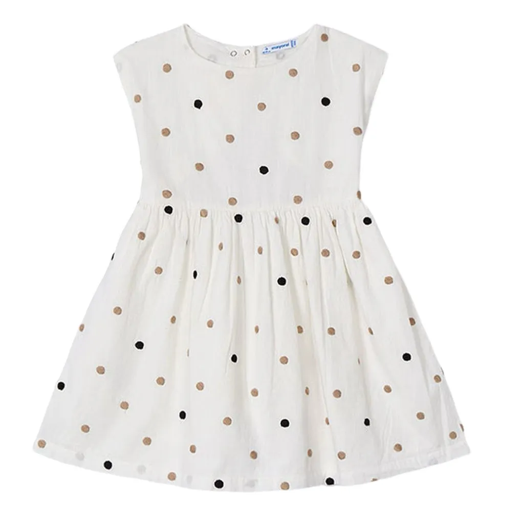 Natural Cinnamon Embroidered Polka Dot Dress