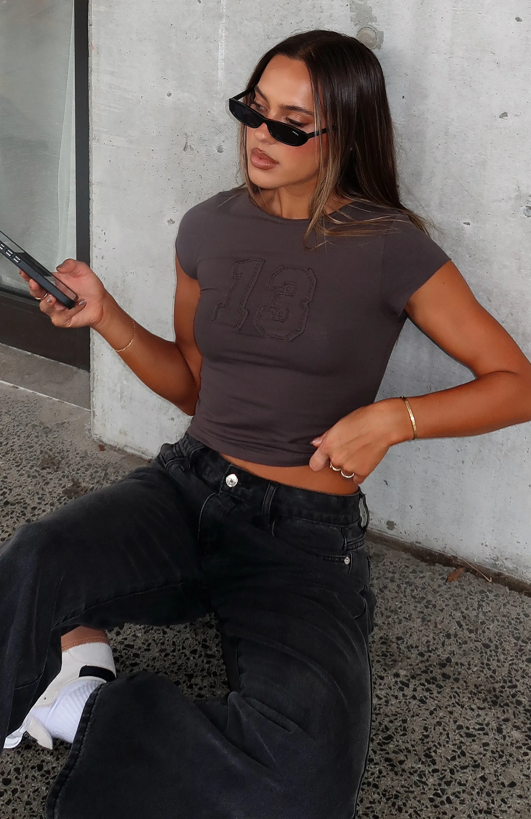 Never Fall Back Baby Tee Charcoal