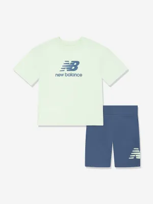 New Balance Girls Stacked Logo T-Shirt and Shorts Set in Green