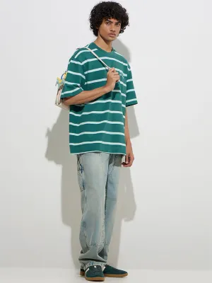 Nuon Green Stripe Pattern Relaxed-Fit Cotton T-Shirt
