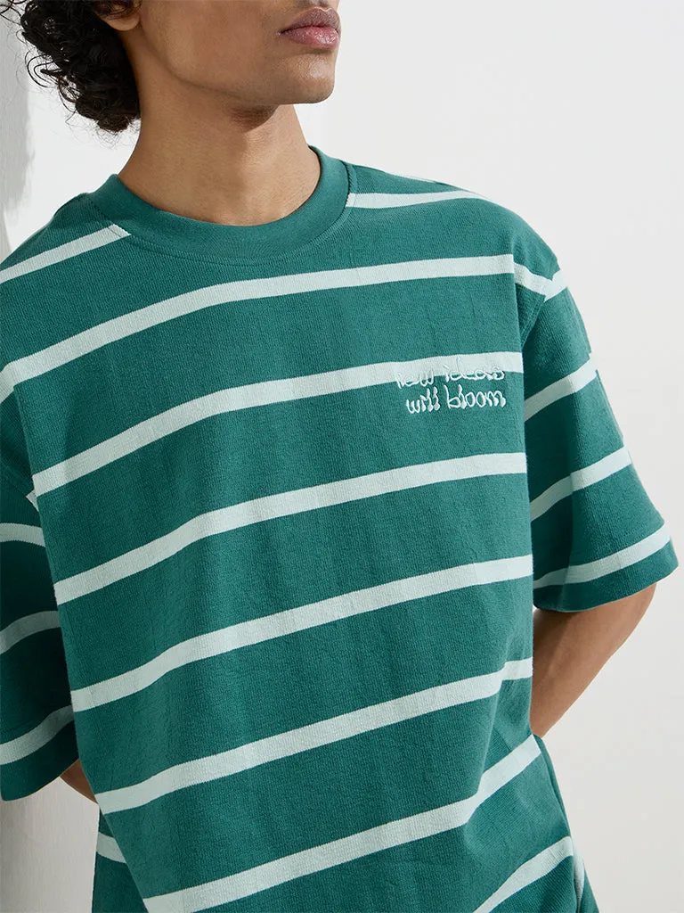 Nuon Green Stripe Pattern Relaxed-Fit Cotton T-Shirt