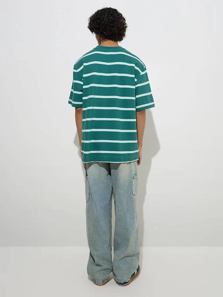 Nuon Green Stripe Pattern Relaxed-Fit Cotton T-Shirt