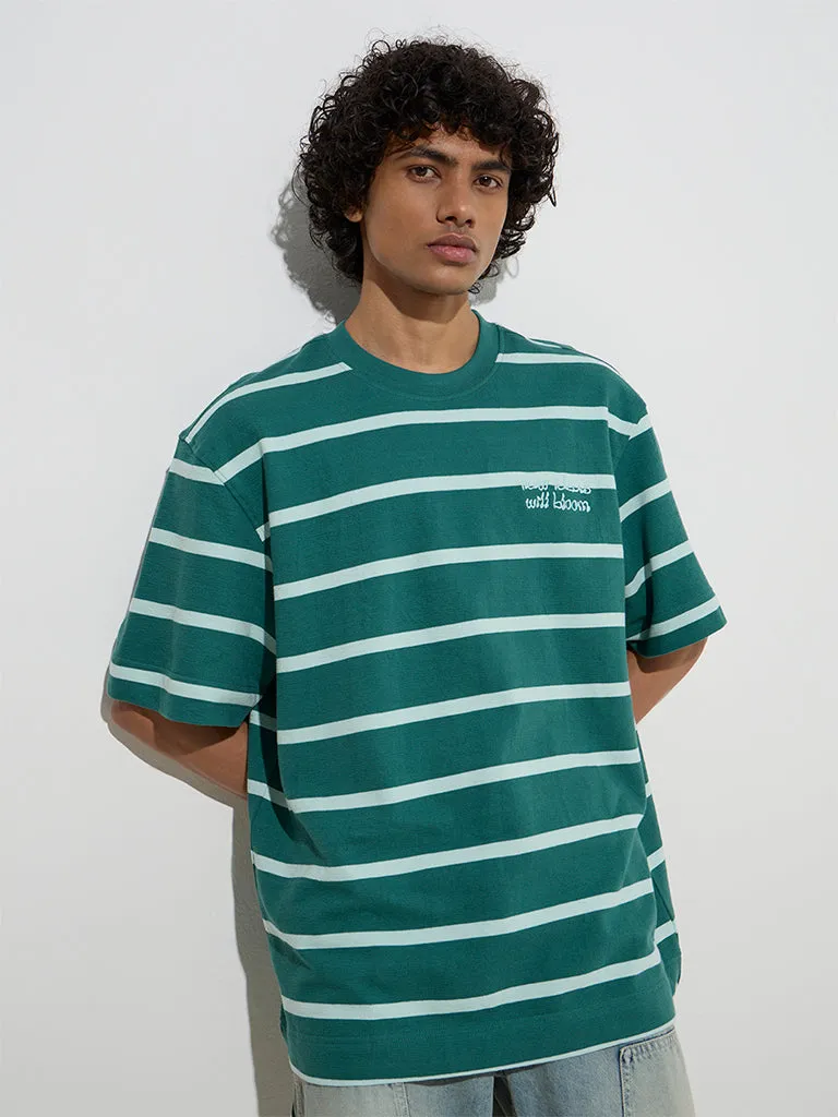 Nuon Green Stripe Pattern Relaxed-Fit Cotton T-Shirt