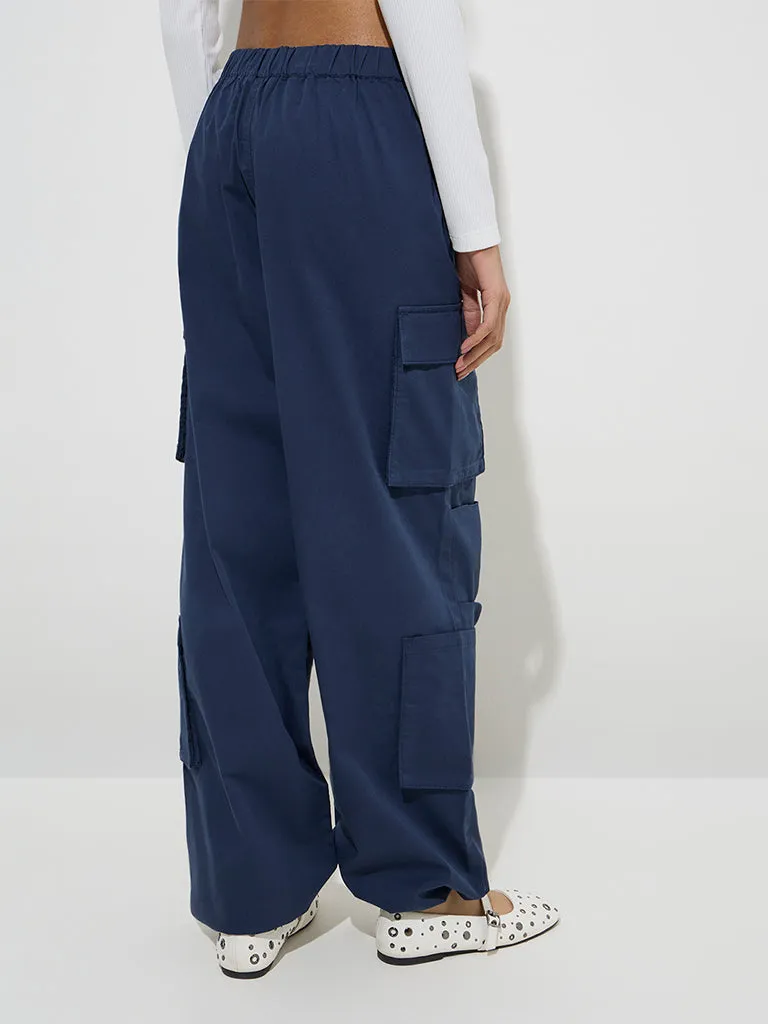 Nuon Navy Cargo-Style High-Rise Cotton-Blend Pants