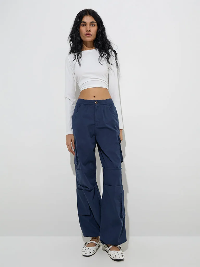 Nuon Navy Cargo-Style High-Rise Cotton-Blend Pants
