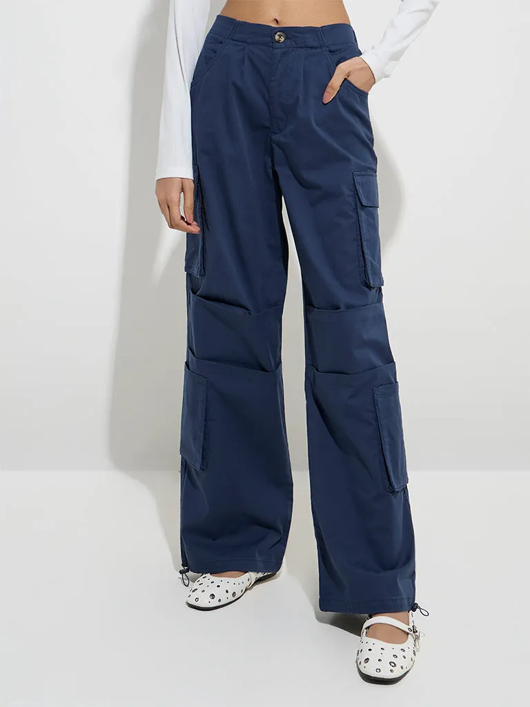 Nuon Navy Cargo-Style High-Rise Cotton-Blend Pants