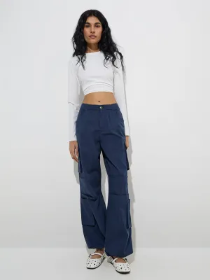 Nuon Navy Cargo-Style High-Rise Cotton-Blend Pants