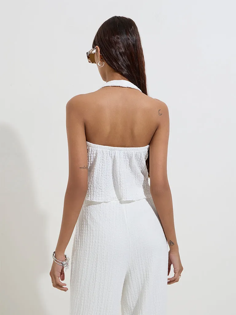 Nuon White Crinkle-Textured Halter-Neck Top