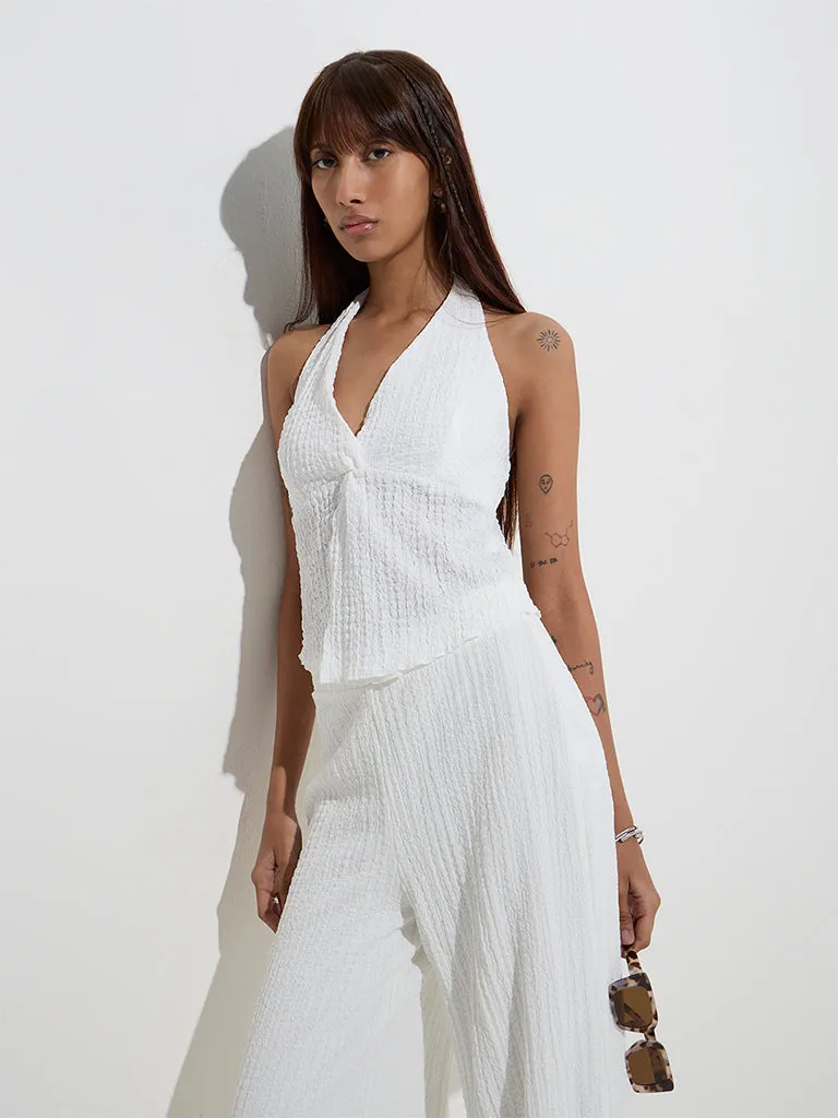 Nuon White Crinkle-Textured Halter-Neck Top