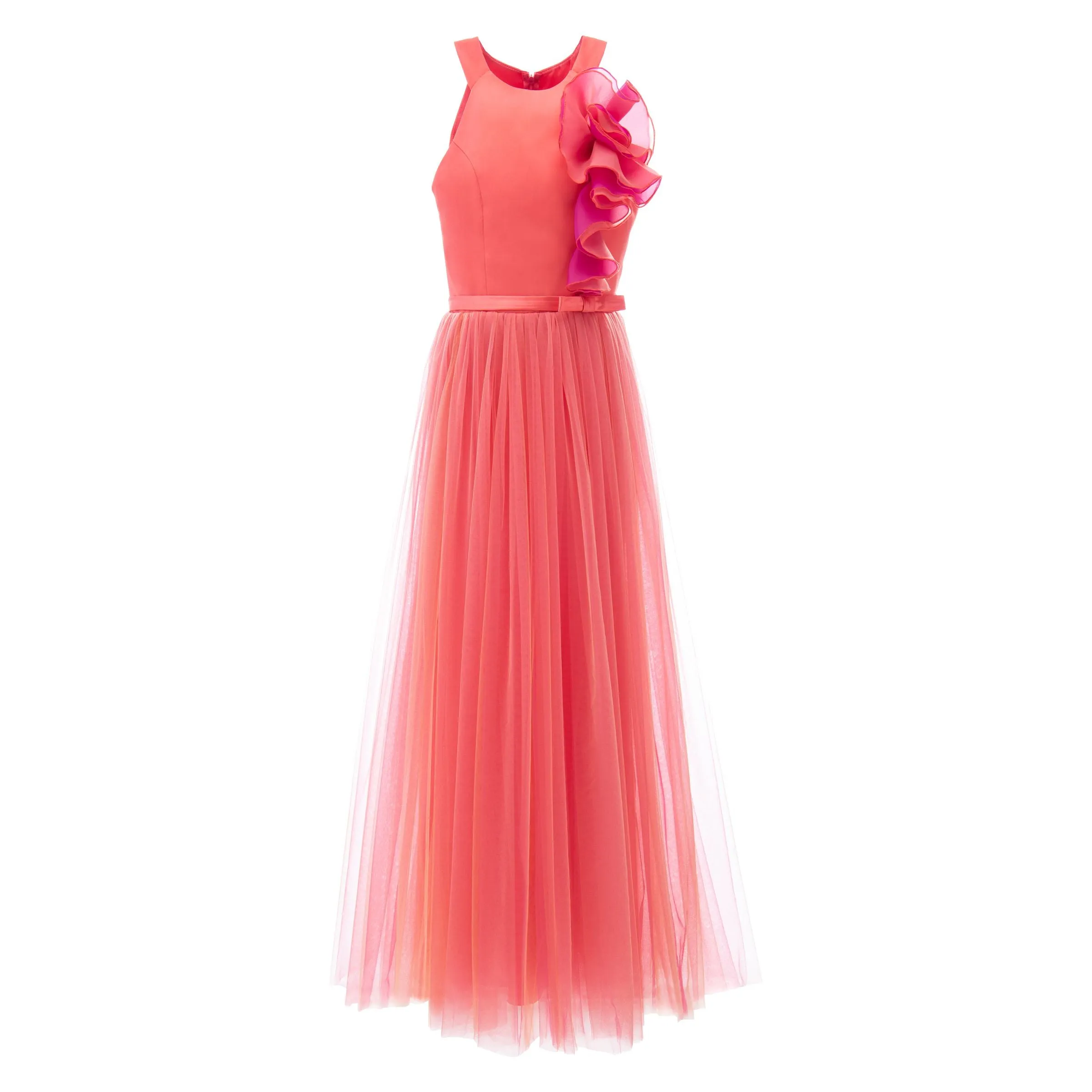 Orange Malaga Halter Ruffle Gown