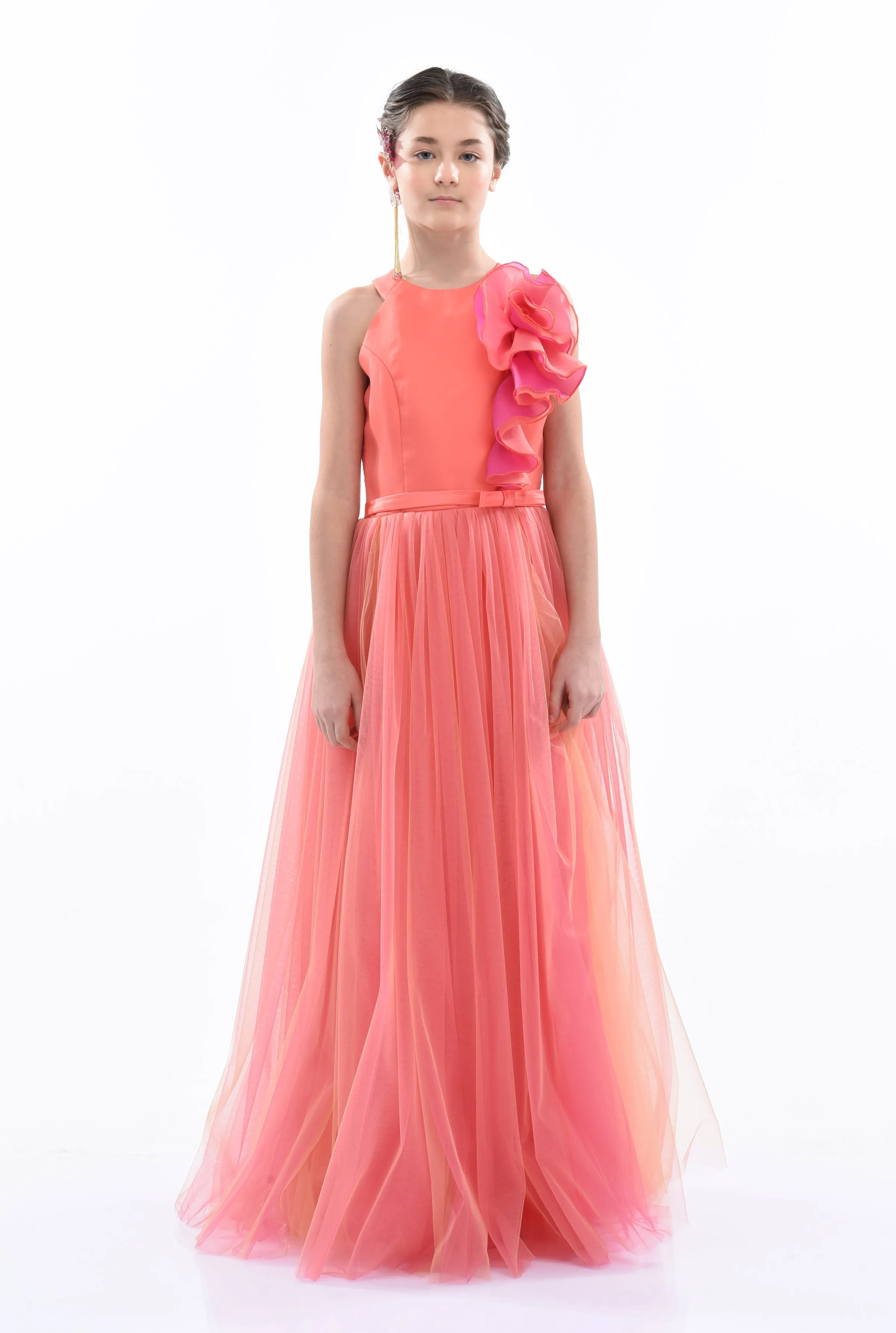 Orange Malaga Halter Ruffle Gown