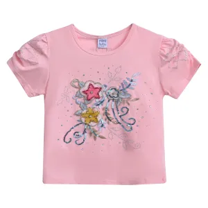 Pink Flowers Applique T-Shirt
