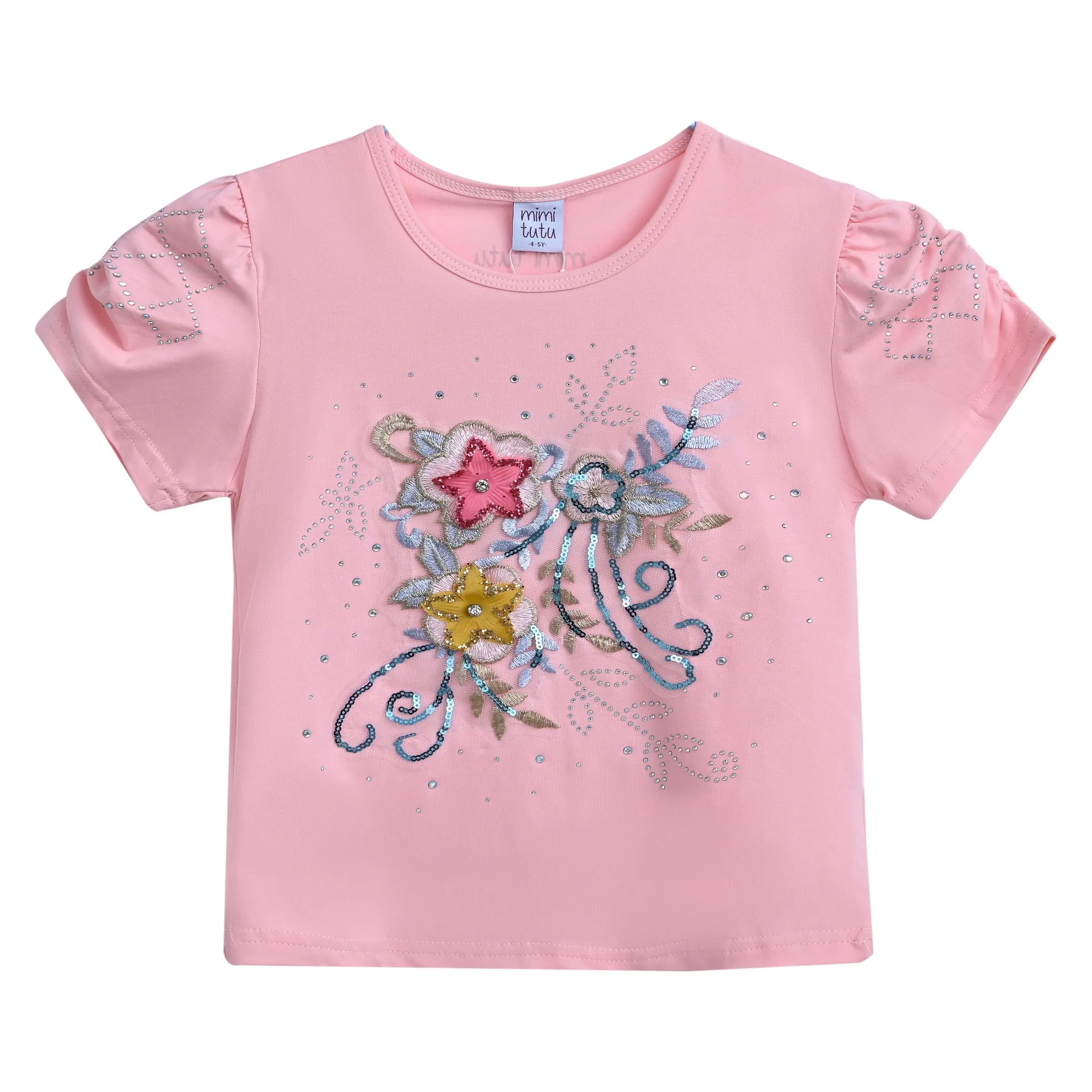 Pink Flowers Applique T-Shirt