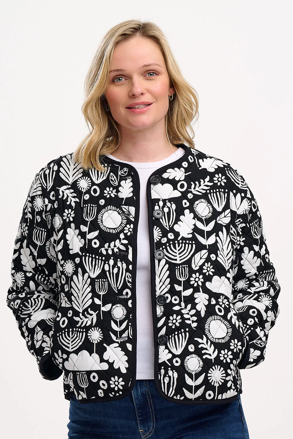 Rocco Quilted Jacket - Monochrome. Folk Floral