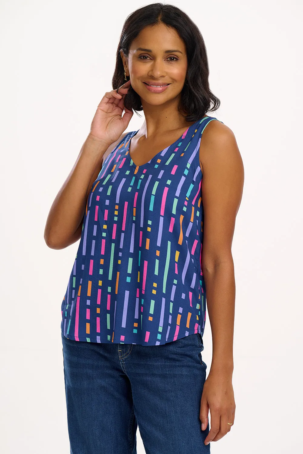Romy Vest Top - Blue. Broken Lines
