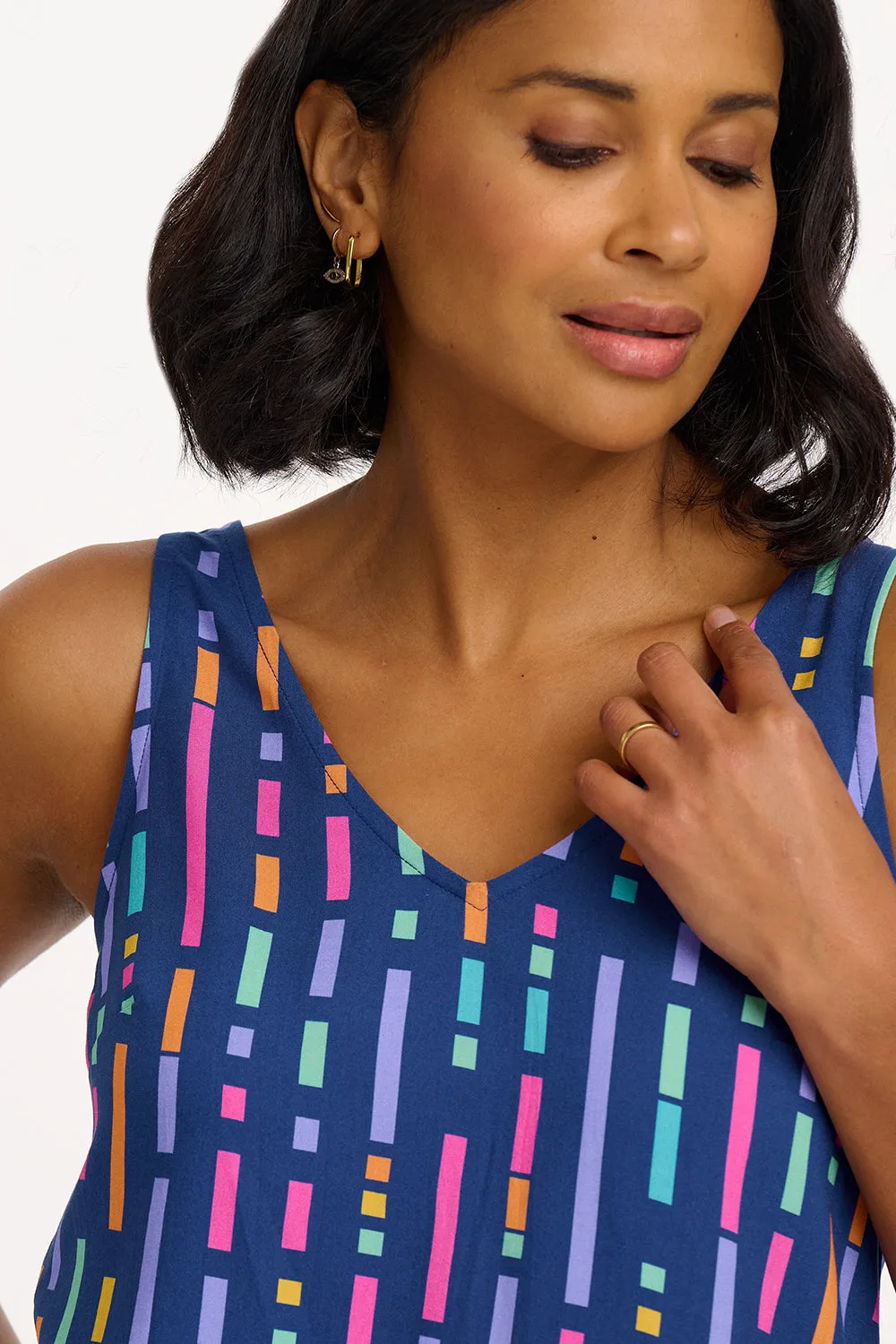 Romy Vest Top - Blue. Broken Lines