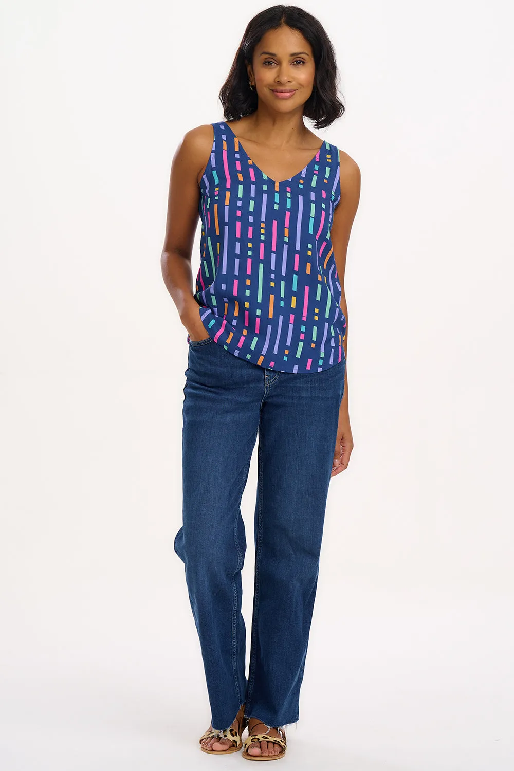 Romy Vest Top - Blue. Broken Lines