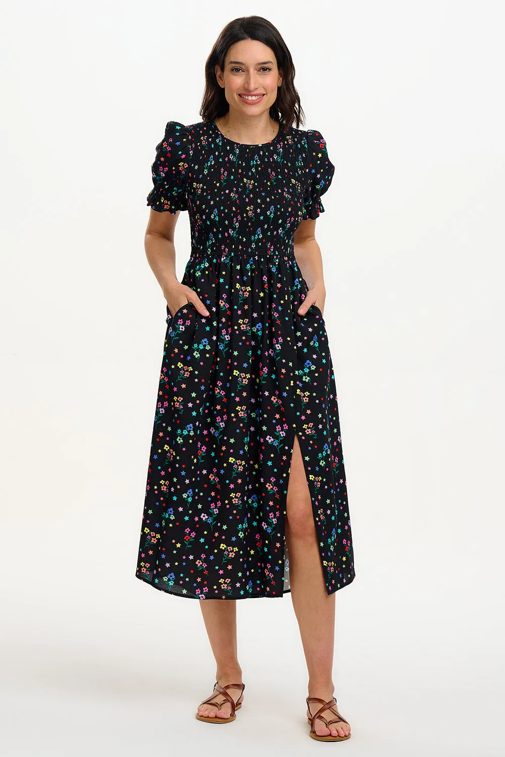 Rosita Shirred Midi Dress - Black. Rainbow Sprigs