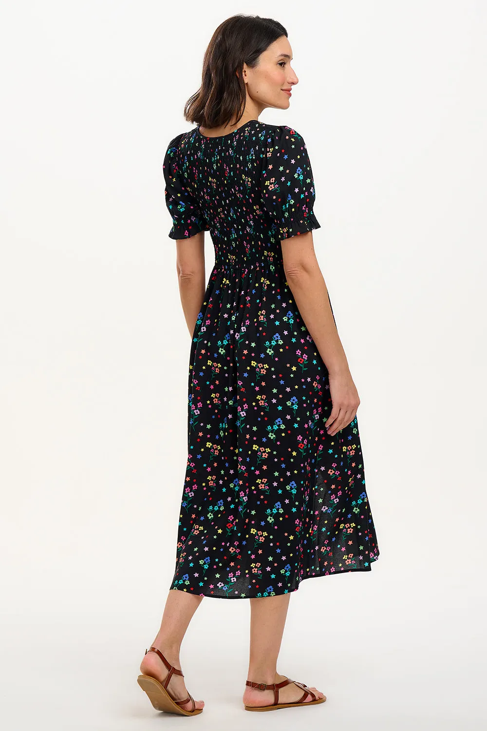 Rosita Shirred Midi Dress - Black. Rainbow Sprigs