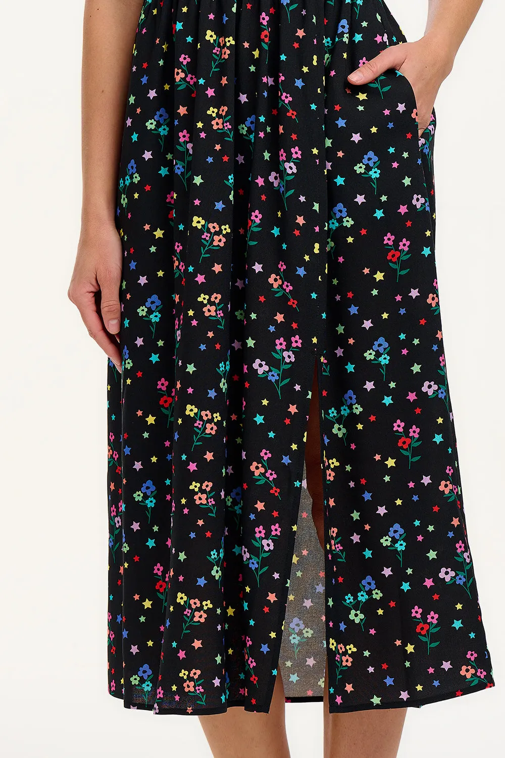 Rosita Shirred Midi Dress - Black. Rainbow Sprigs