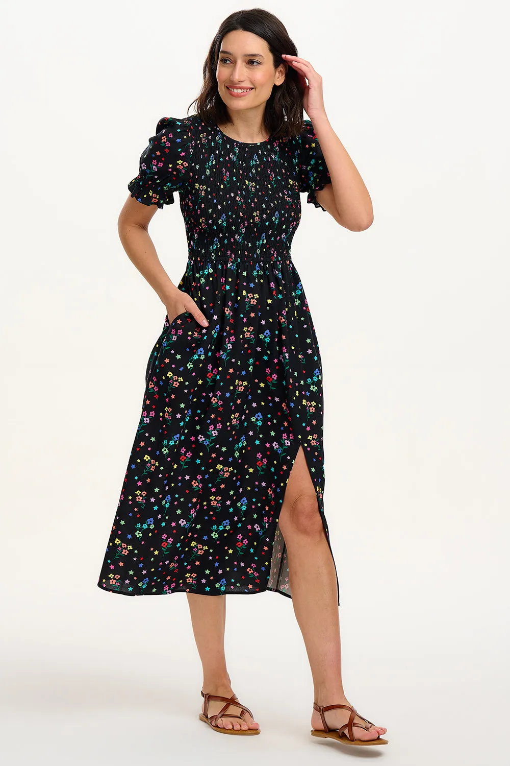 Rosita Shirred Midi Dress - Black. Rainbow Sprigs