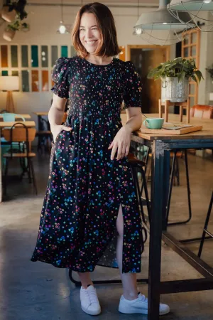 Rosita Shirred Midi Dress - Black. Rainbow Sprigs