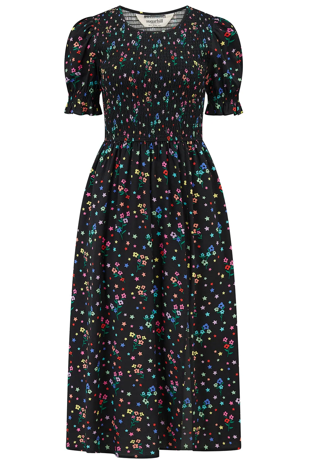 Rosita Shirred Midi Dress - Black. Rainbow Sprigs