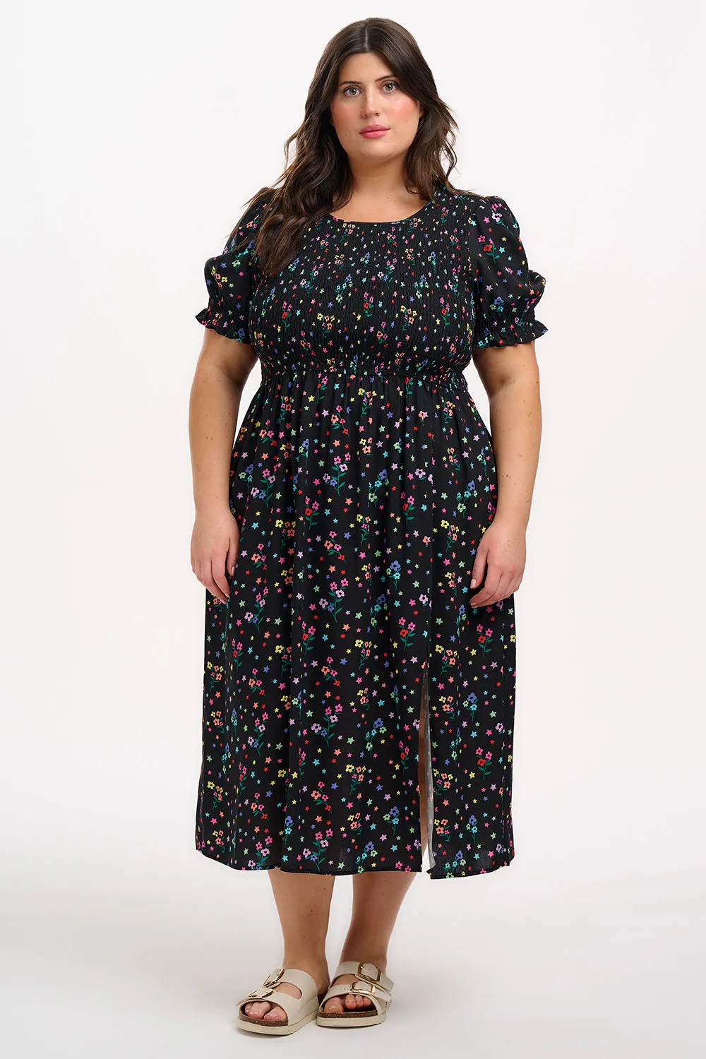Rosita Shirred Midi Dress - Black. Rainbow Sprigs