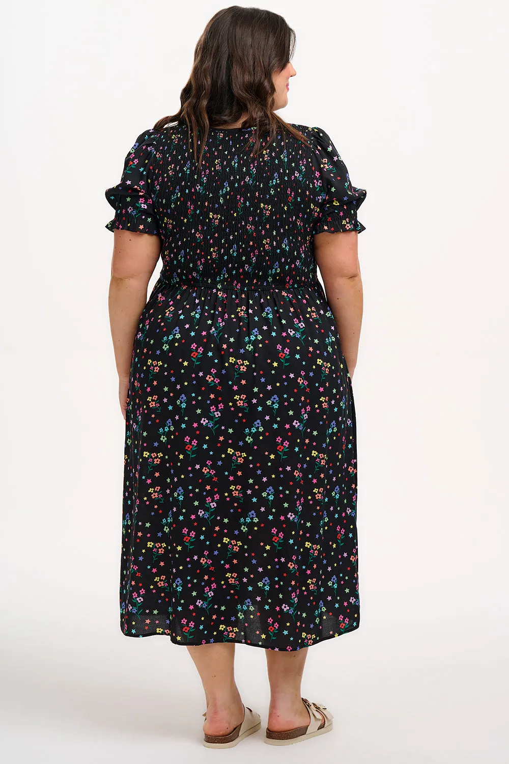 Rosita Shirred Midi Dress - Black. Rainbow Sprigs