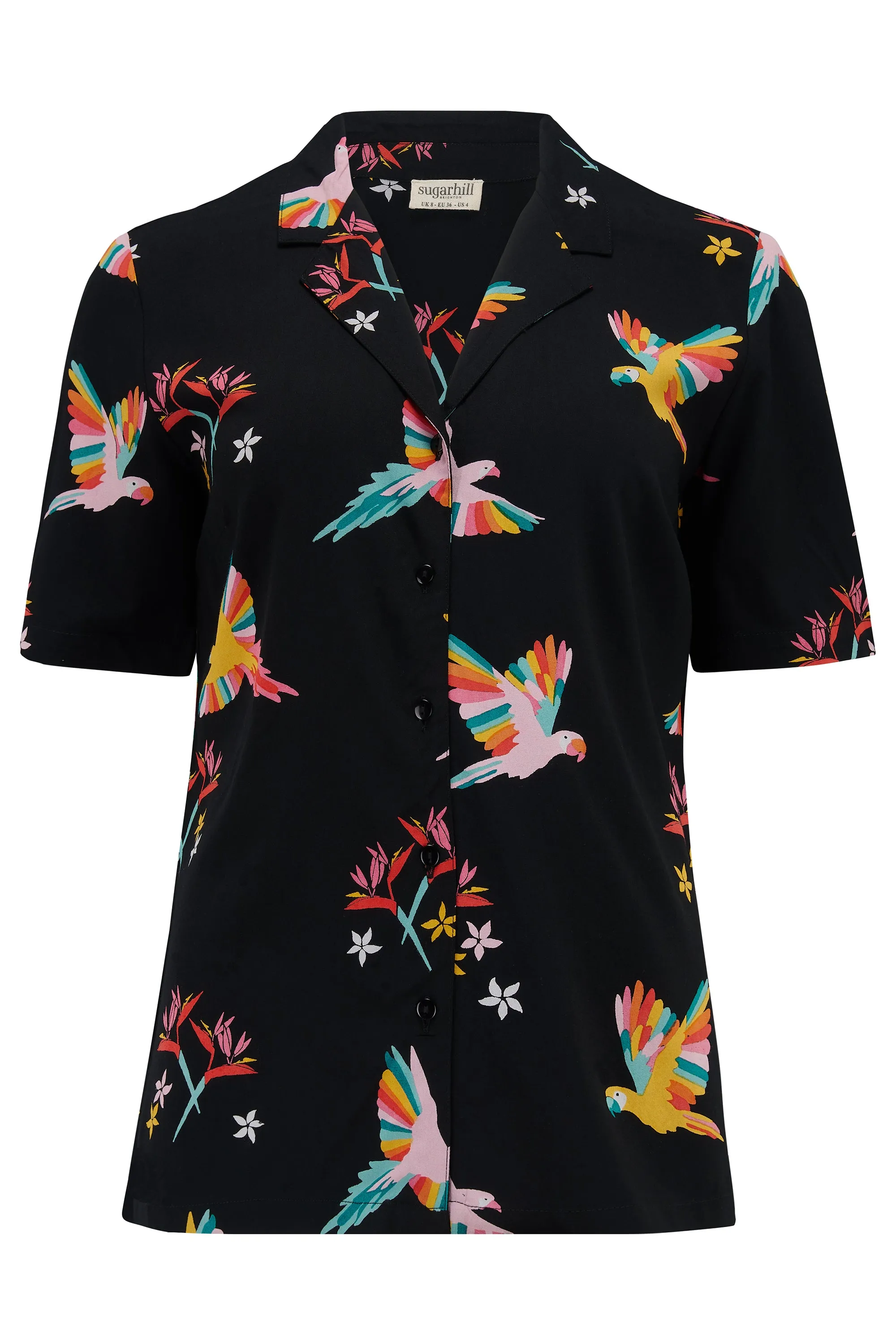 Santana Shirt - Black. Tropical Parrots