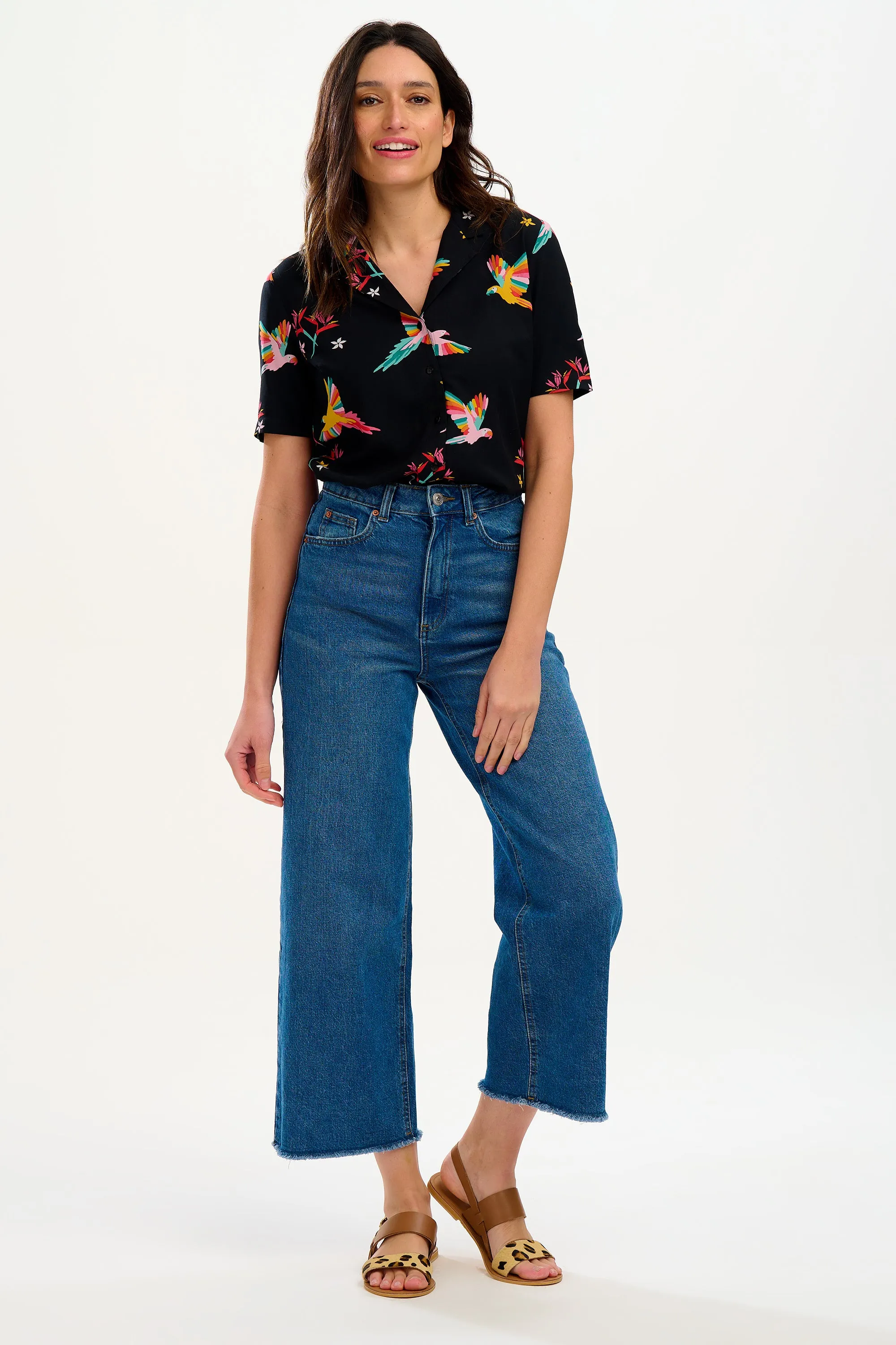 Santana Shirt - Black. Tropical Parrots