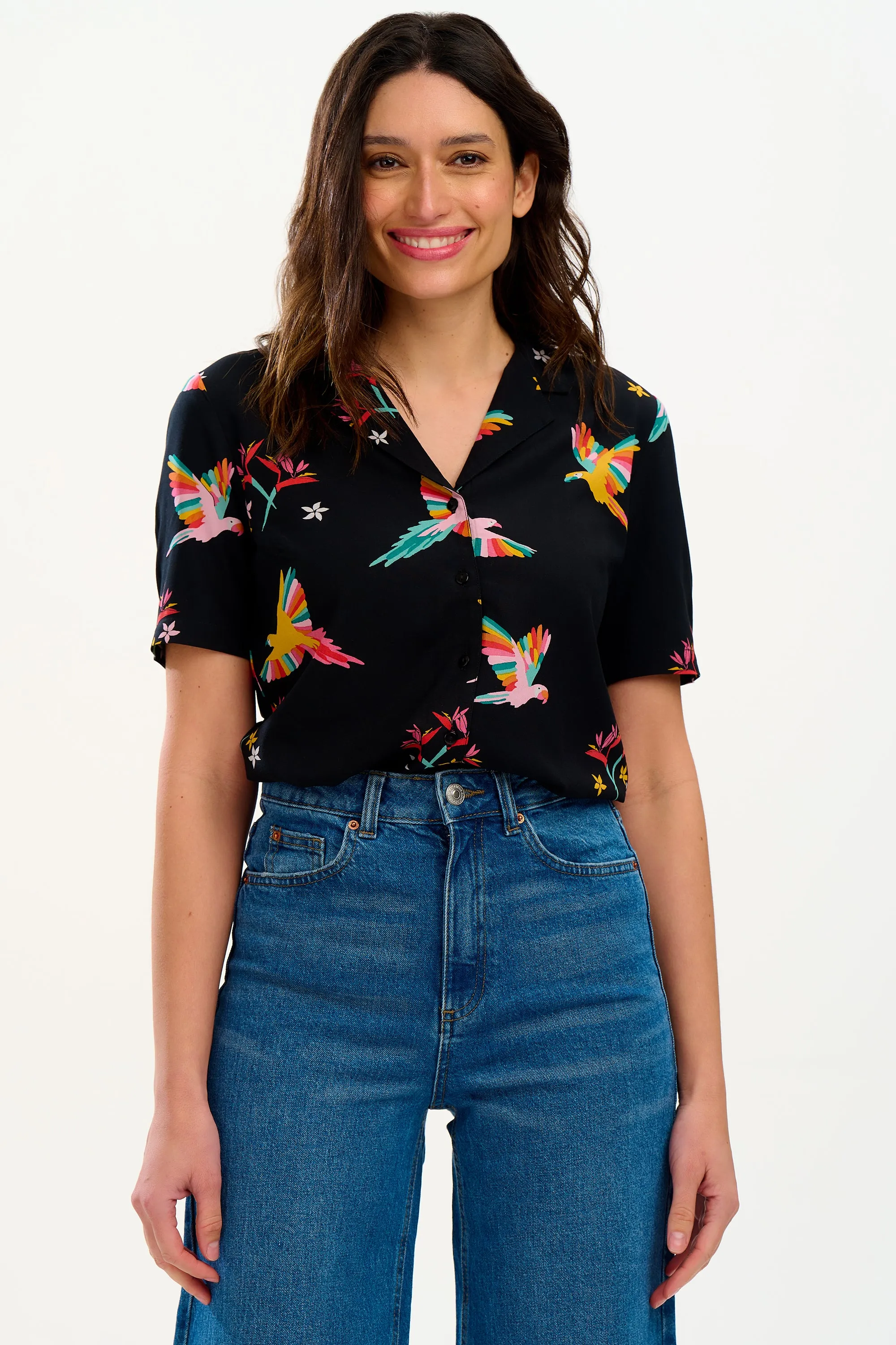 Santana Shirt - Black. Tropical Parrots