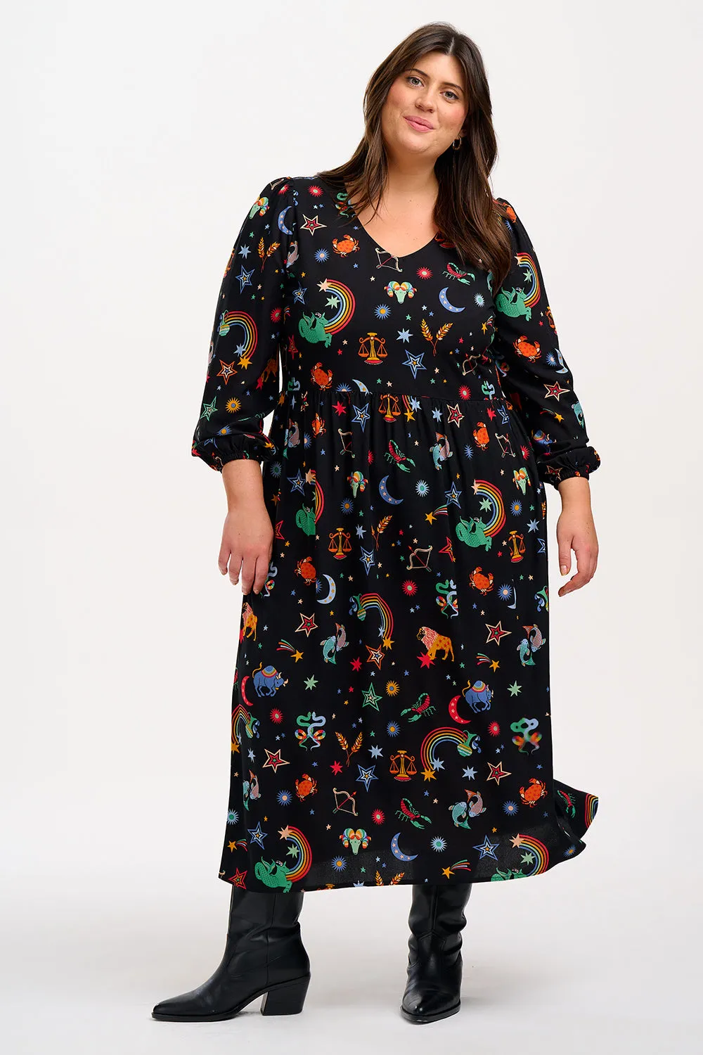 Sidney Midi Smock Dress - Black. Zodiac Rainbow Skies