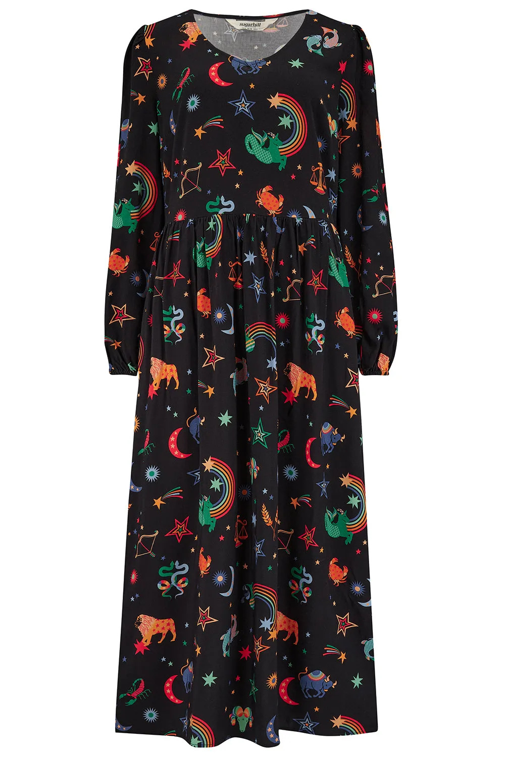 Sidney Midi Smock Dress - Black. Zodiac Rainbow Skies