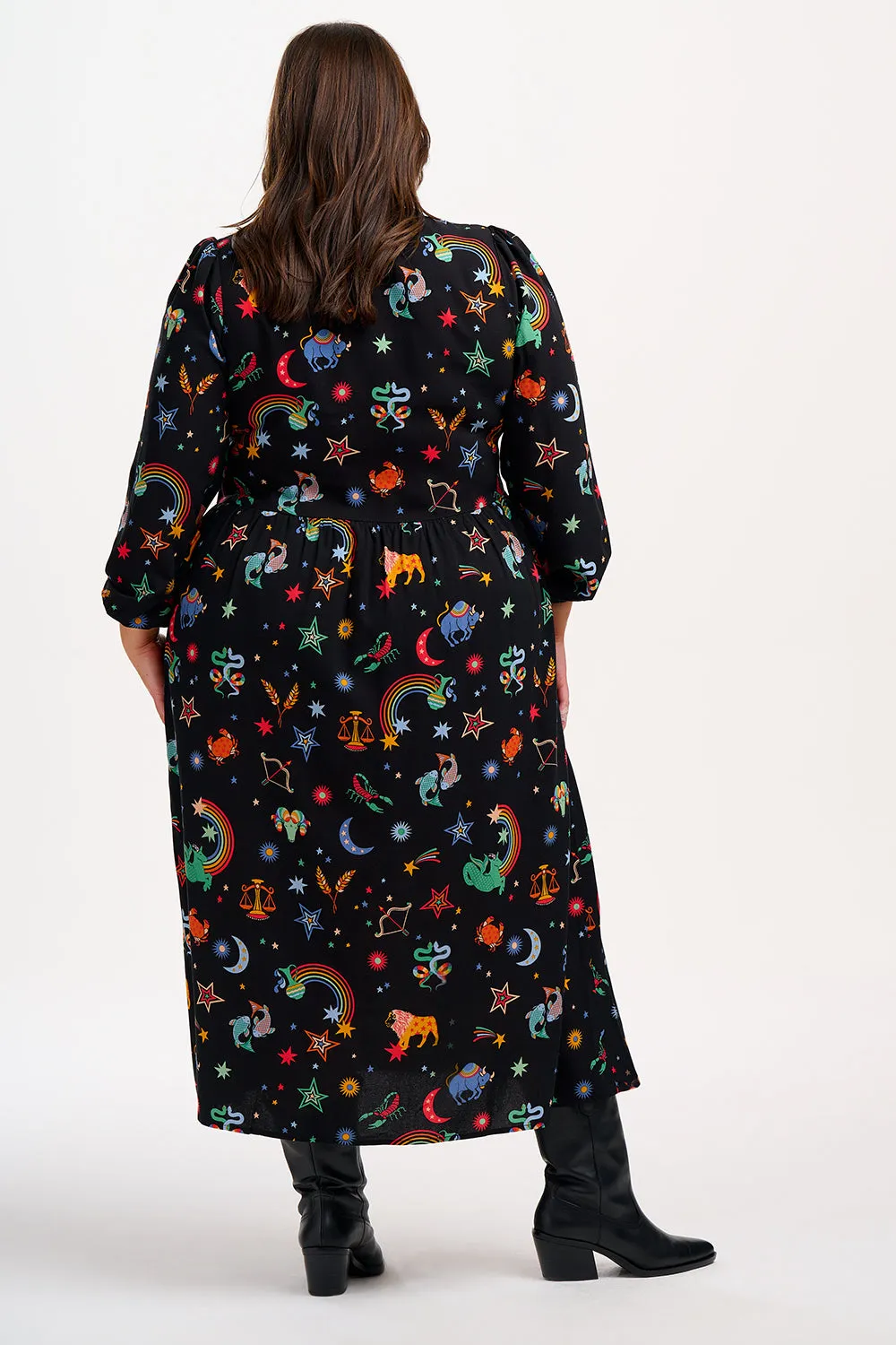 Sidney Midi Smock Dress - Black. Zodiac Rainbow Skies