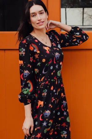 Sidney Midi Smock Dress - Black. Zodiac Rainbow Skies