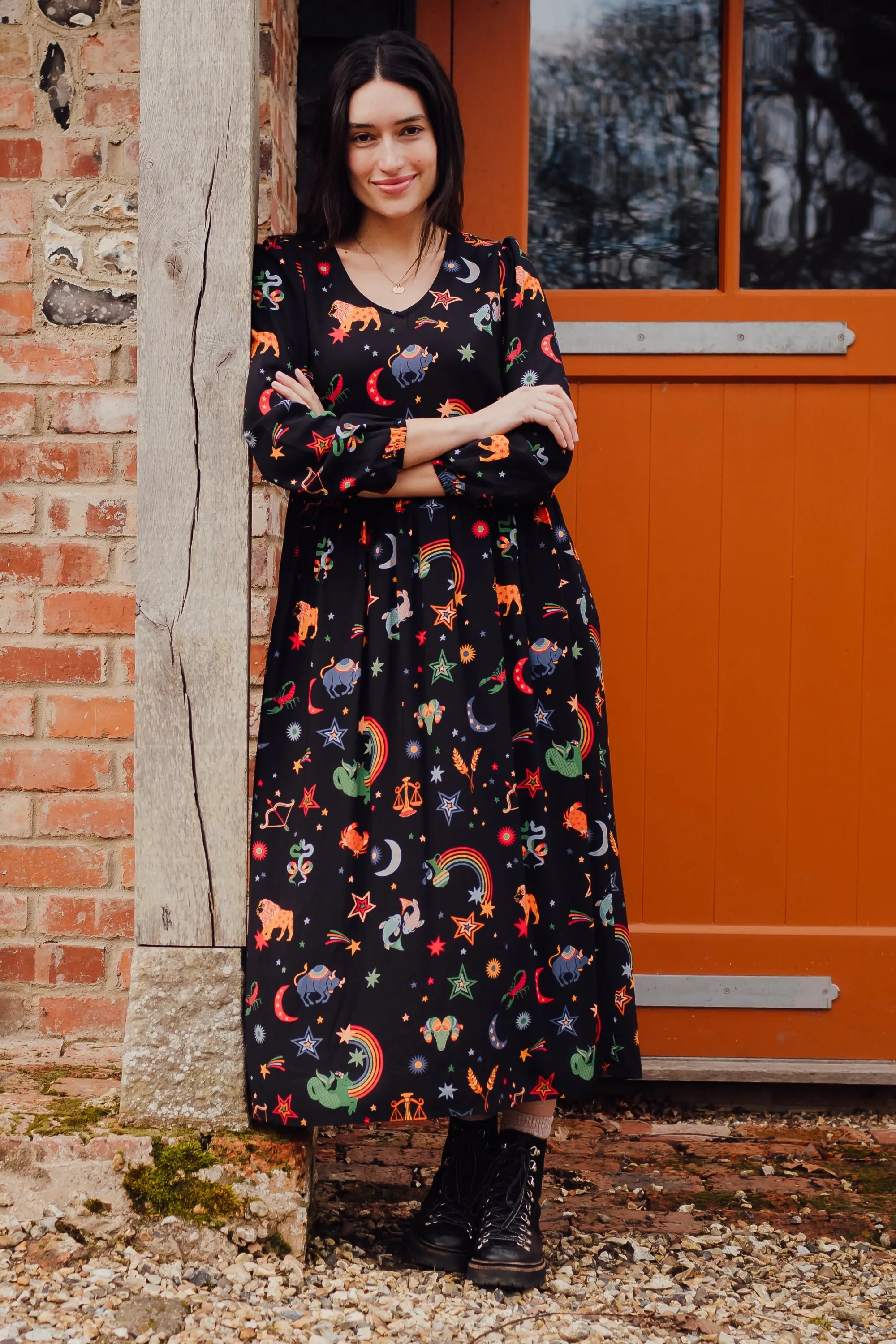 Sidney Midi Smock Dress - Black. Zodiac Rainbow Skies