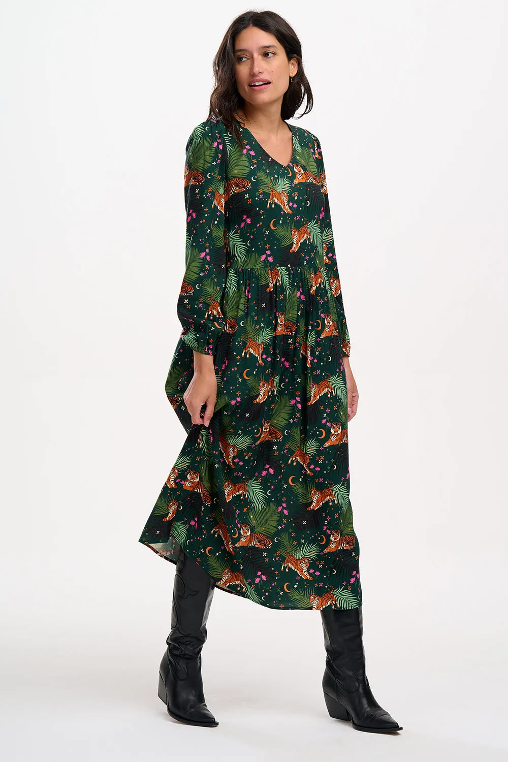 Sidney Midi Smock Dress - Dark Green. Tigers & Palms