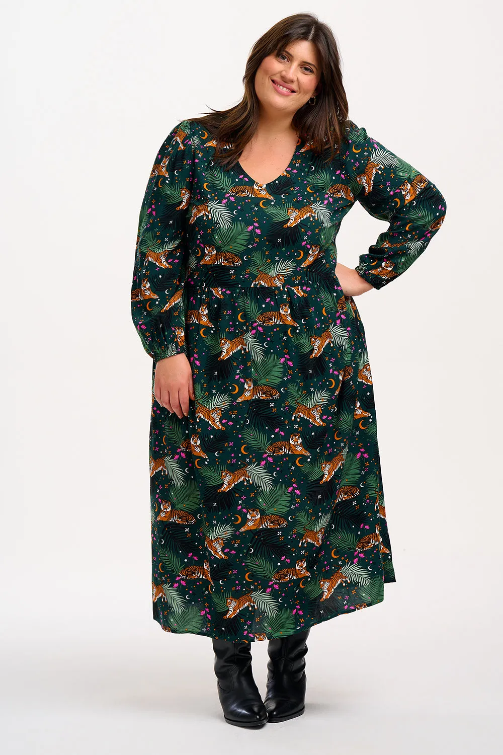 Sidney Midi Smock Dress - Dark Green. Tigers & Palms