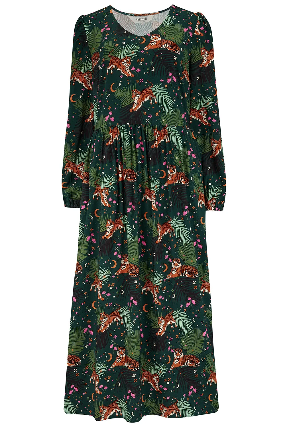 Sidney Midi Smock Dress - Dark Green. Tigers & Palms