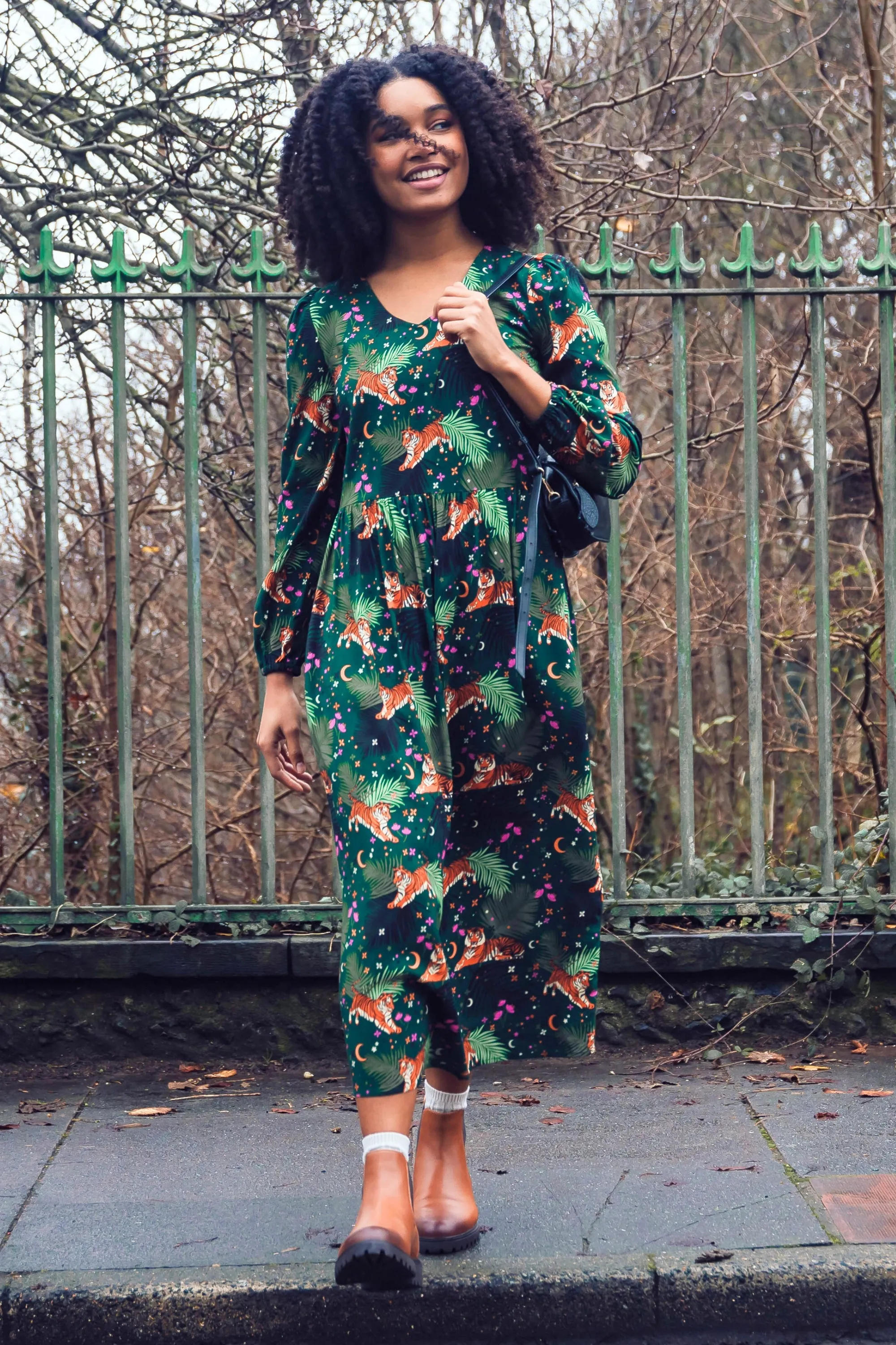 Sidney Midi Smock Dress - Dark Green. Tigers & Palms