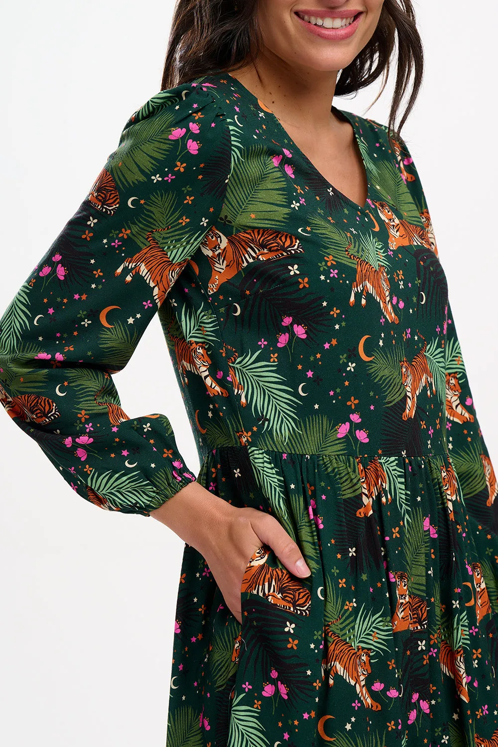 Sidney Midi Smock Dress - Dark Green. Tigers & Palms
