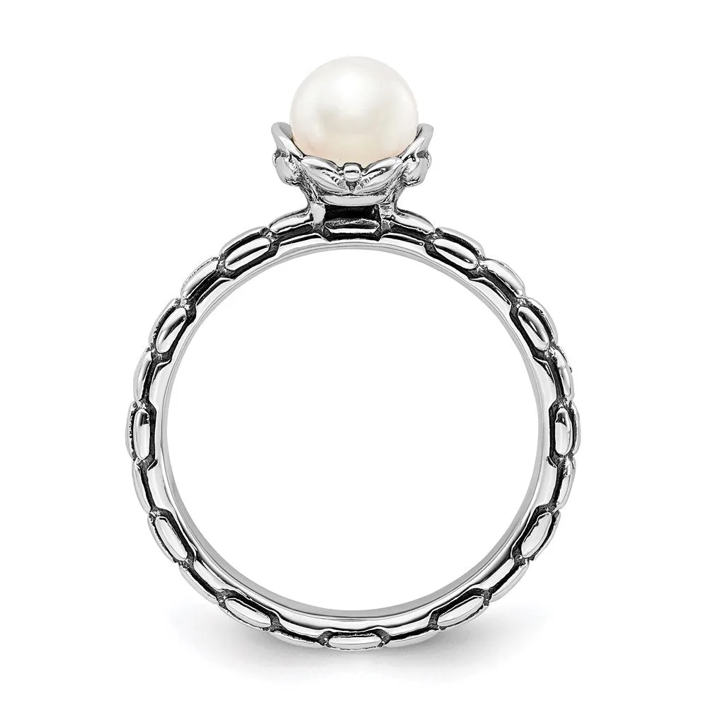 Sterling Silver Stack Exp. Polished Patterned White FW Cultured Pearl Ring | QSK610