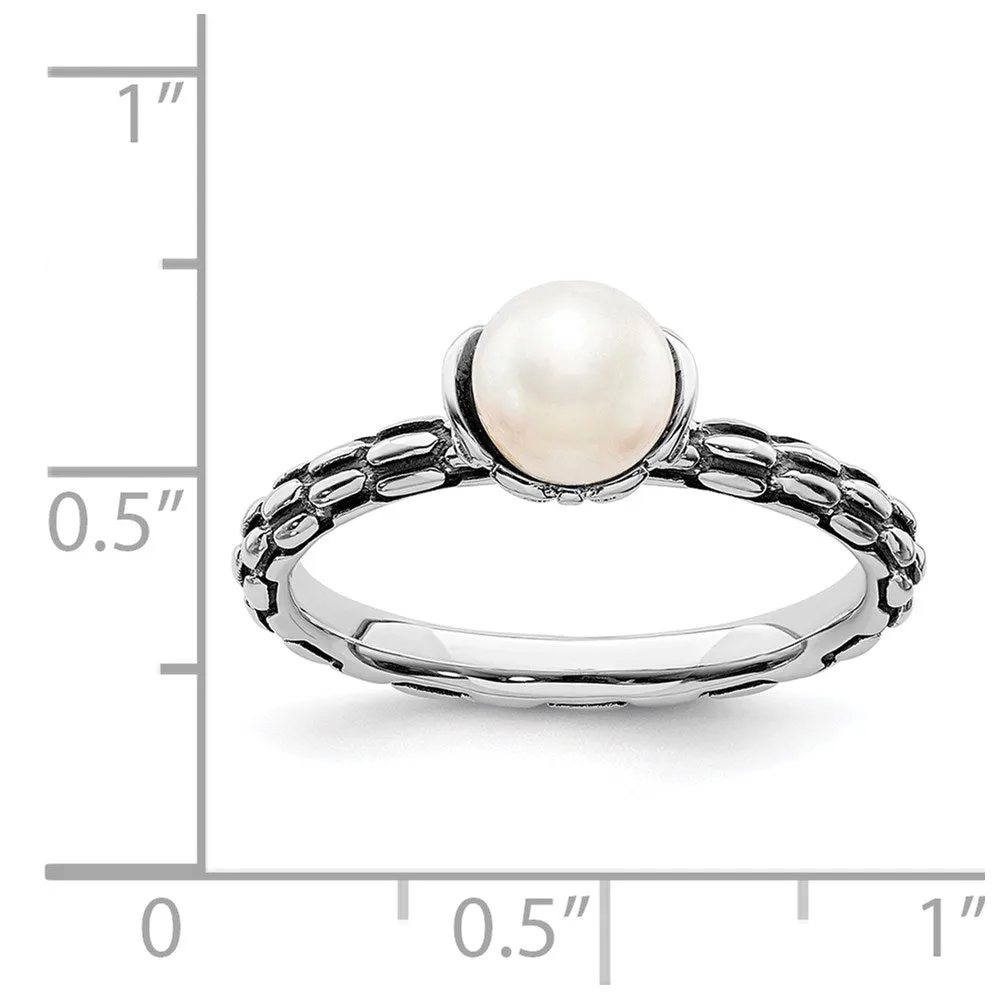 Sterling Silver Stack Exp. Polished Patterned White FW Cultured Pearl Ring | QSK610
