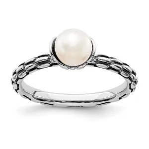 Sterling Silver Stack Exp. Polished Patterned White FW Cultured Pearl Ring | QSK610