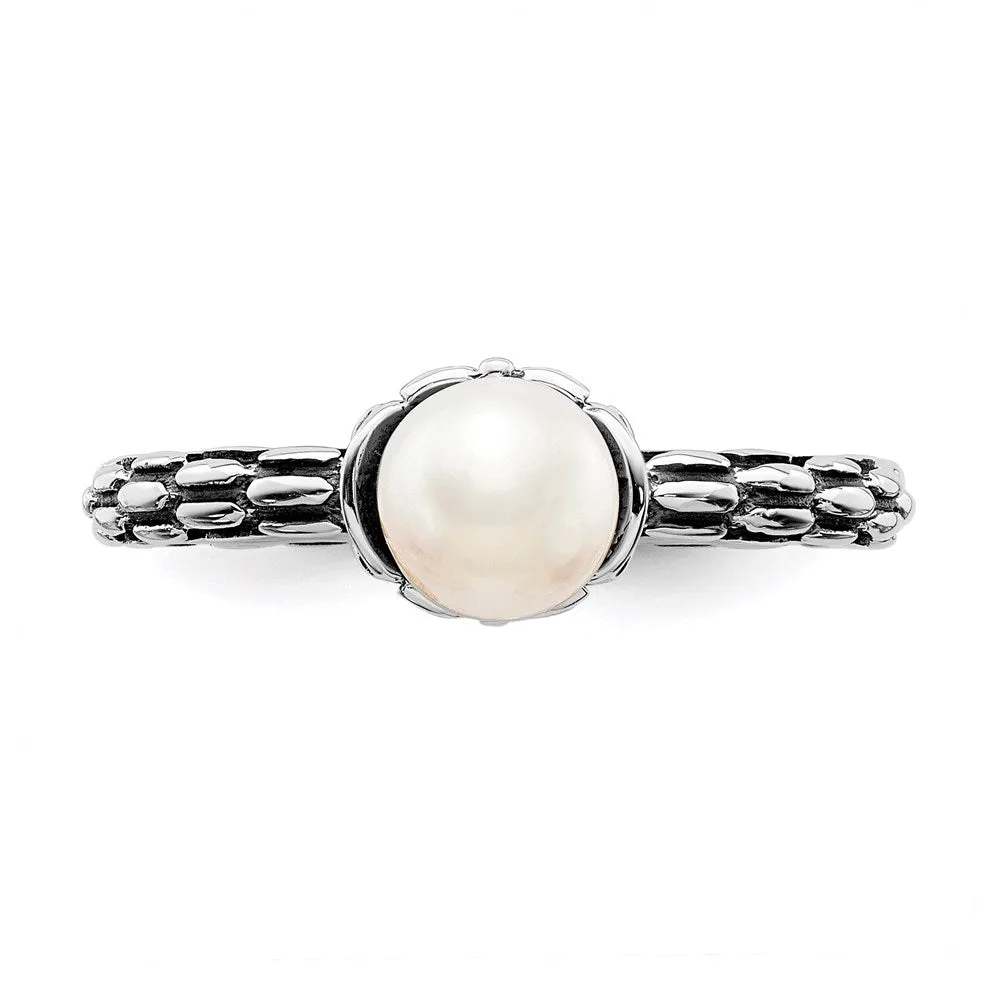 Sterling Silver Stack Exp. Polished Patterned White FW Cultured Pearl Ring | QSK610
