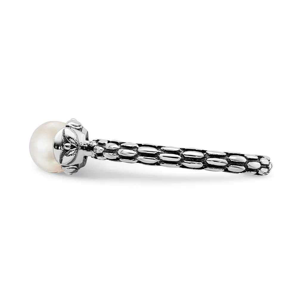 Sterling Silver Stack Exp. Polished Patterned White FW Cultured Pearl Ring | QSK610
