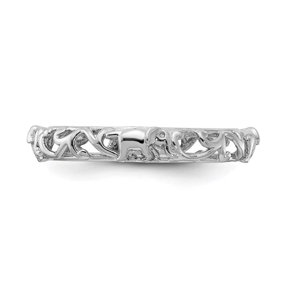 Sterling Silver Stackable Expressions Rhodium-plate Patterned Elephant Ring | QSK2043